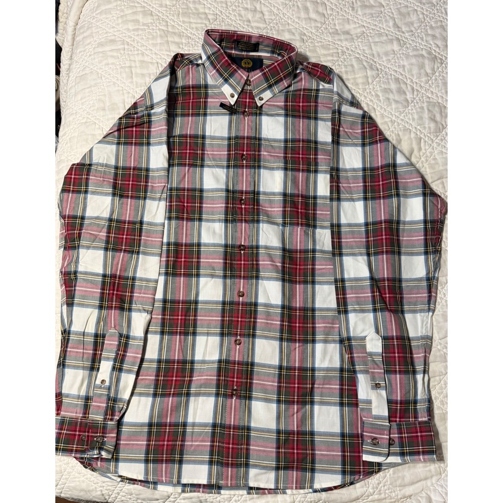 Viyella Button Down Shirt Mens L Red White Plaid Cotton Wool Traditional Fit